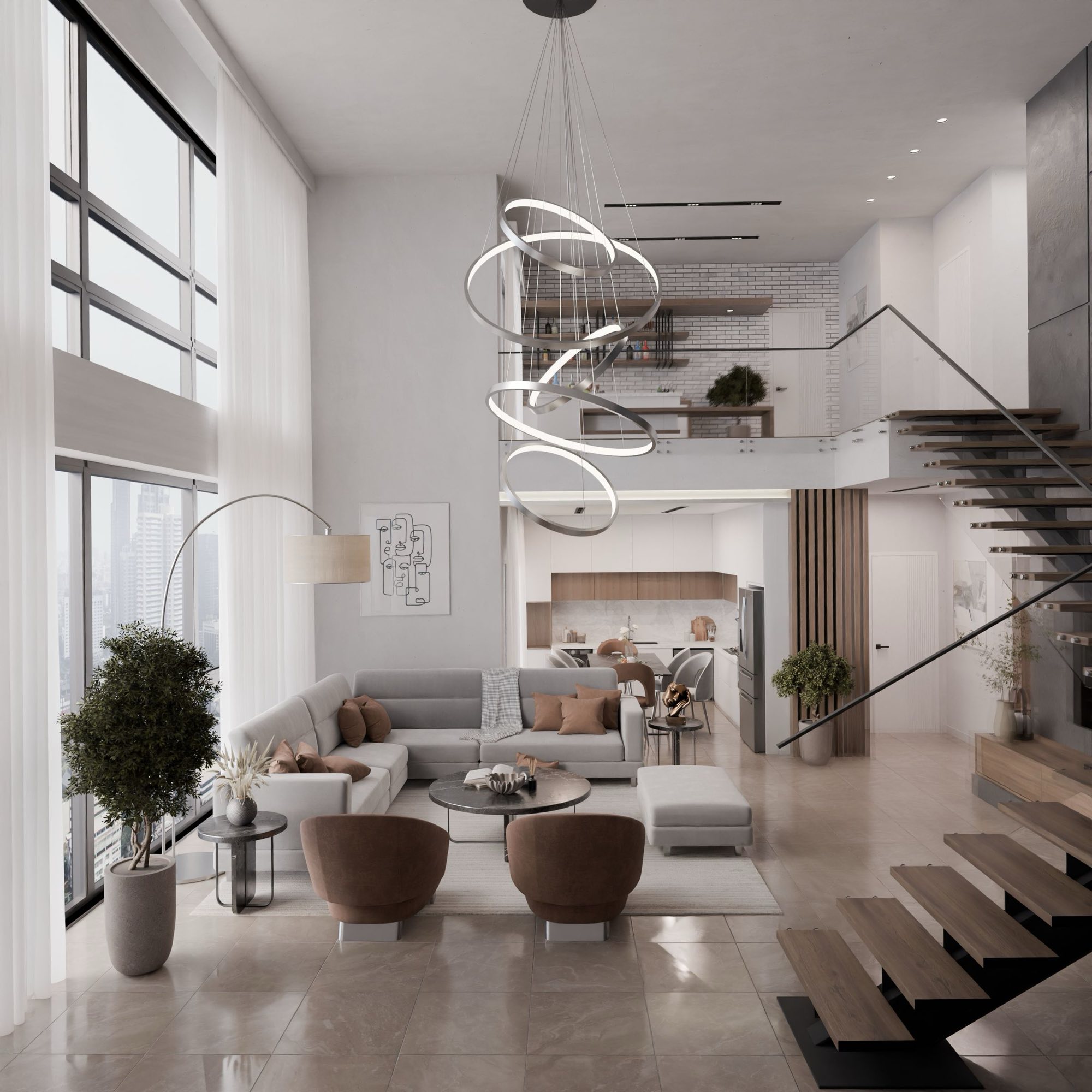Soggiorno luminoso in un duplex moderno, con vetrate a tutta altezza e scala a vista